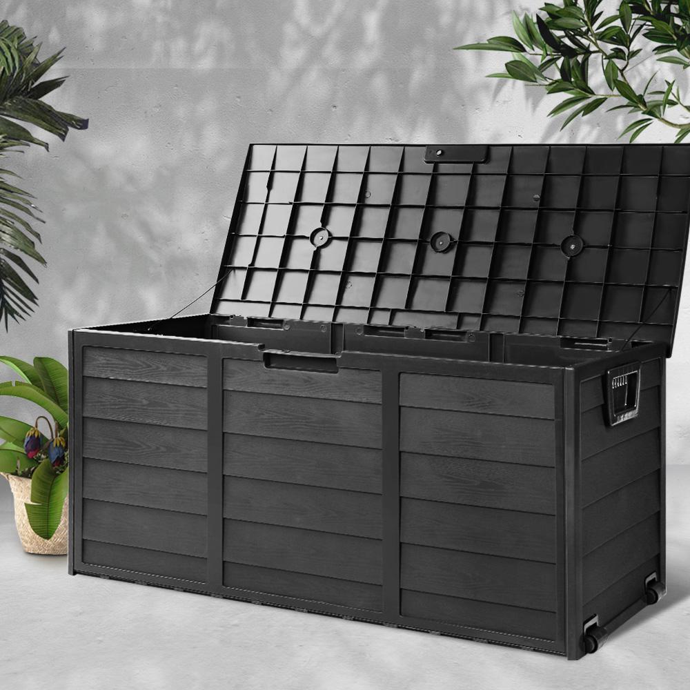 Gardeon 290L Outdoor Storage Box in all black, showcasing its spacious design and lockable lid, ideal for outdoor and indoor storage.