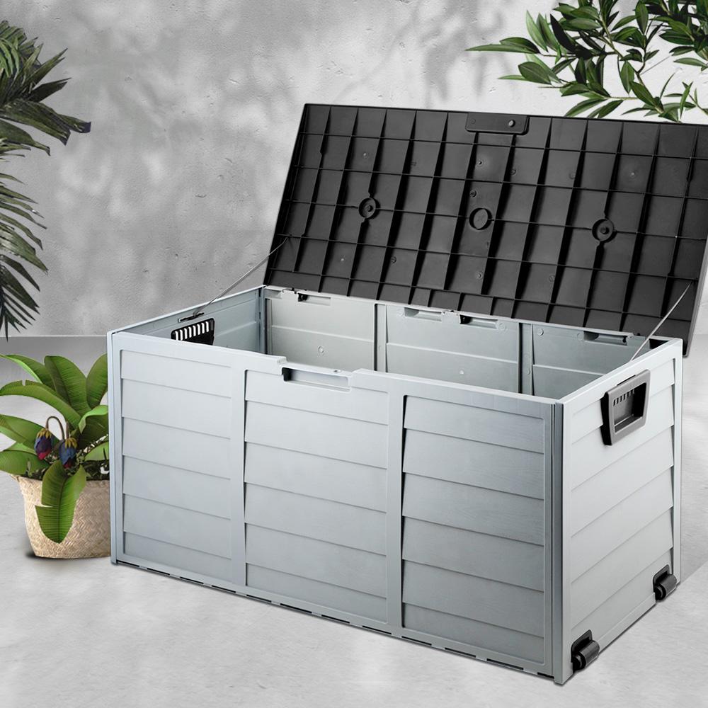 Gardeon 290L Outdoor Storage Box in black, featuring a weatherproof design, lockable lid, wheels, and handles for easy mobility.