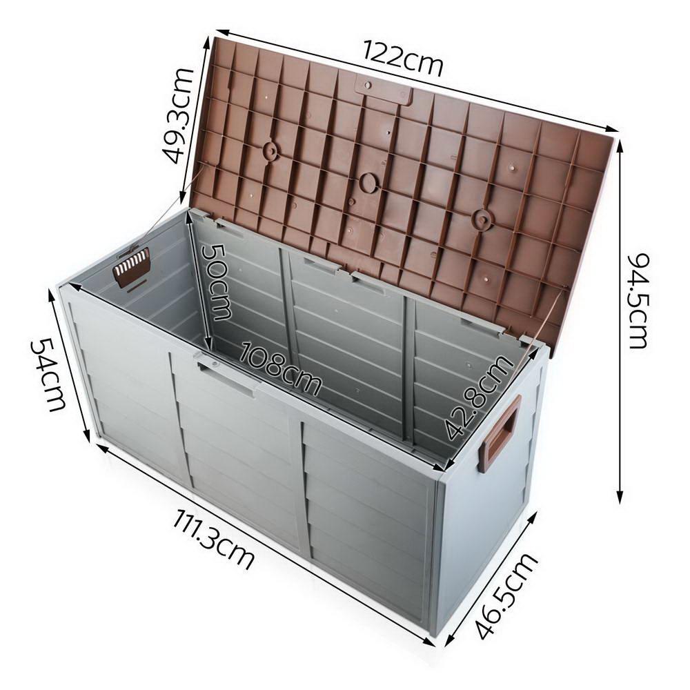 Gardeon 290L Outdoor Storage Box in brown and grey, showcasing its durable design and spacious interior for outdoor storage.