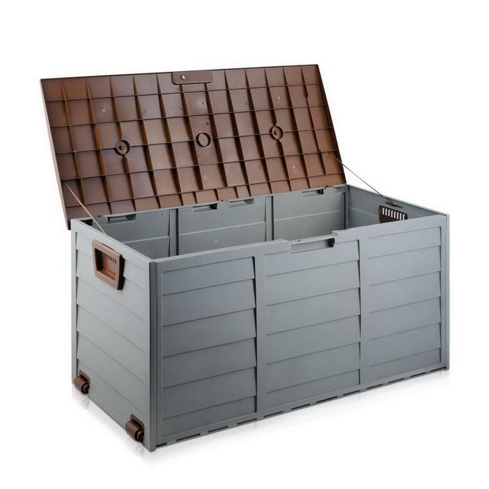 Gardeon 290L Outdoor Storage Box in brown and grey, showcasing its durable design and spacious interior for outdoor storage.