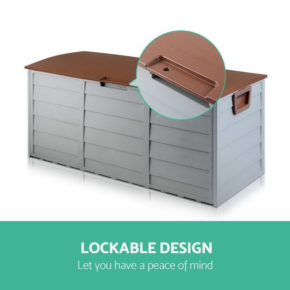 Gardeon 290L Outdoor Storage Box in brown and grey, showcasing its durable design and spacious interior for outdoor storage.