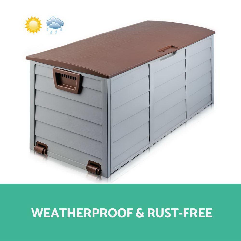 Gardeon 290L Outdoor Storage Box in brown and grey, showcasing its durable design and spacious interior for outdoor storage.