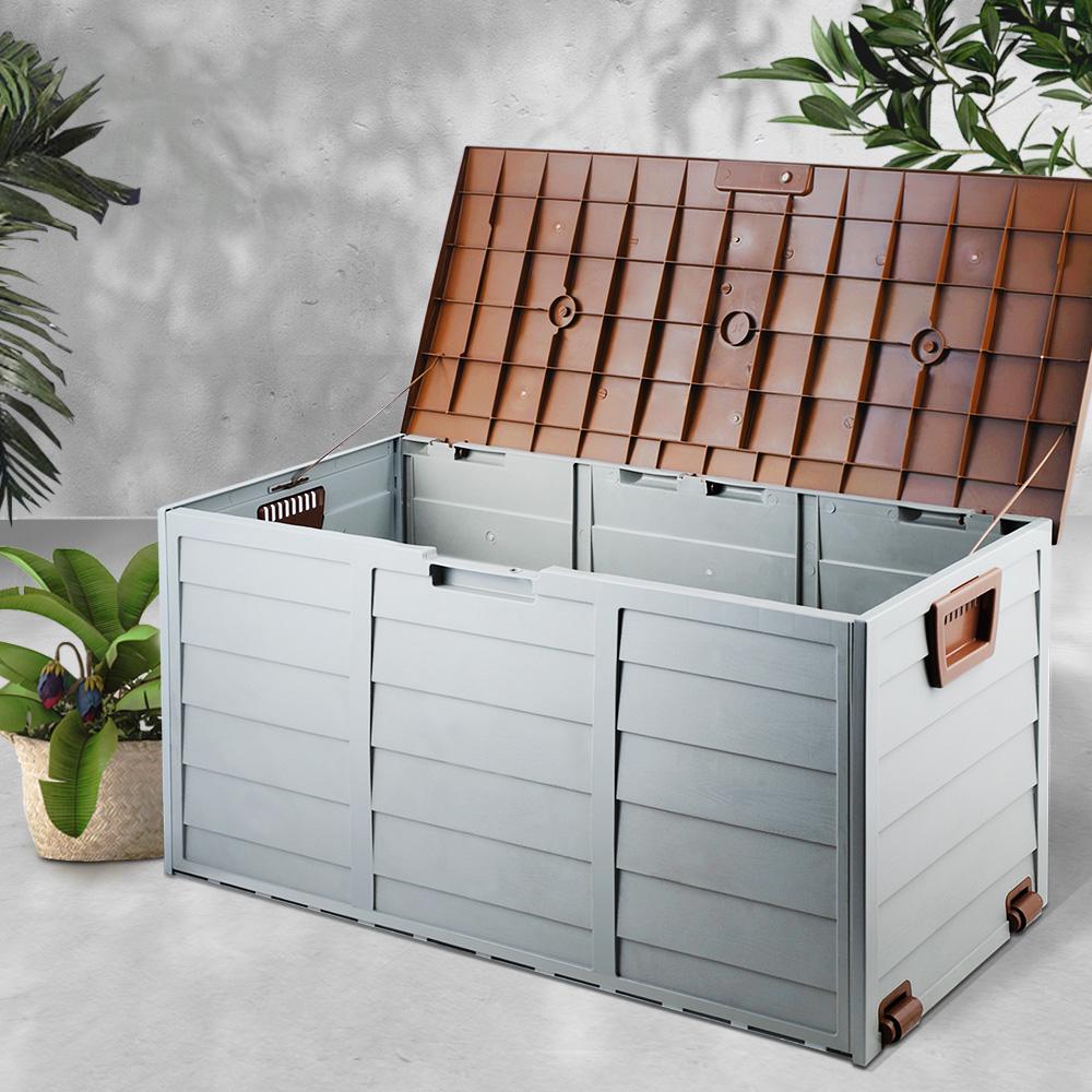 Gardeon 290L Outdoor Storage Box in brown and grey, showcasing its durable design and spacious interior for outdoor storage.