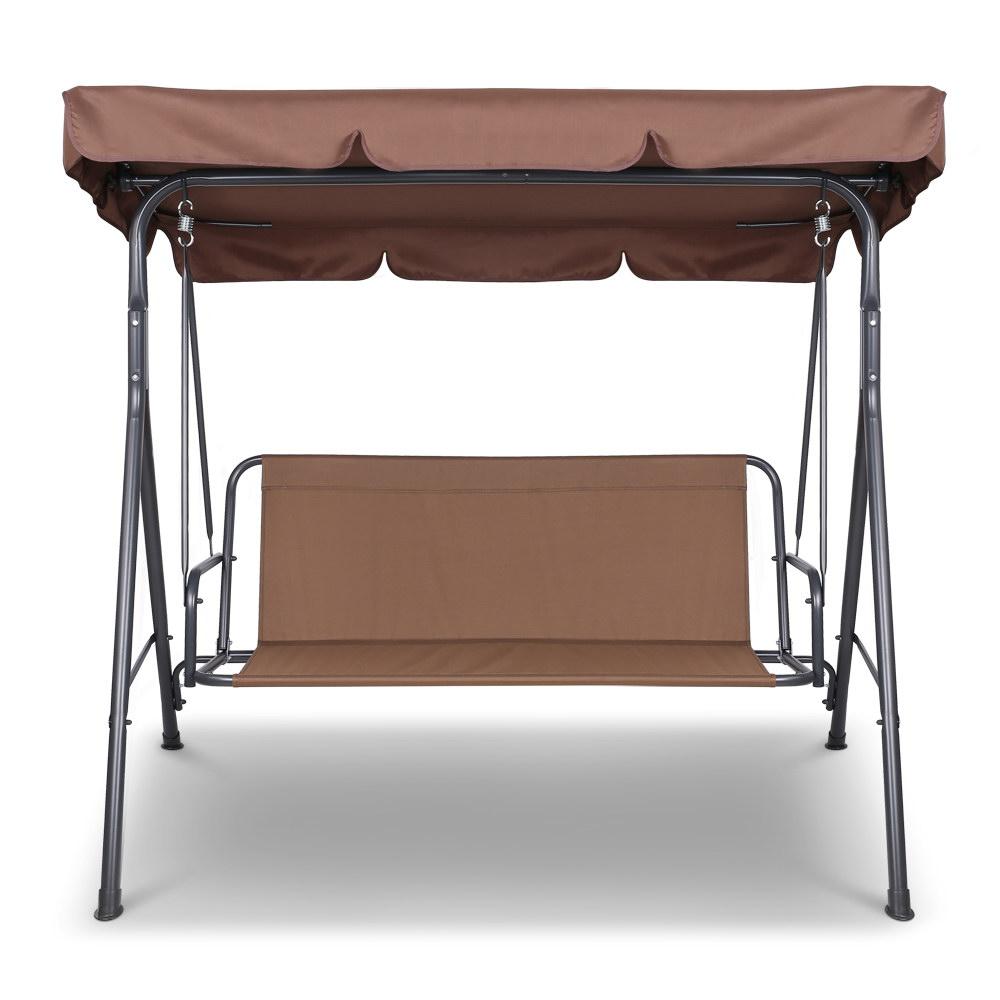 Gardeon 3 Seater Outdoor Canopy Swing Chair in Coffee color, featuring a sturdy steel frame and plush cushions, set in a garden environment.