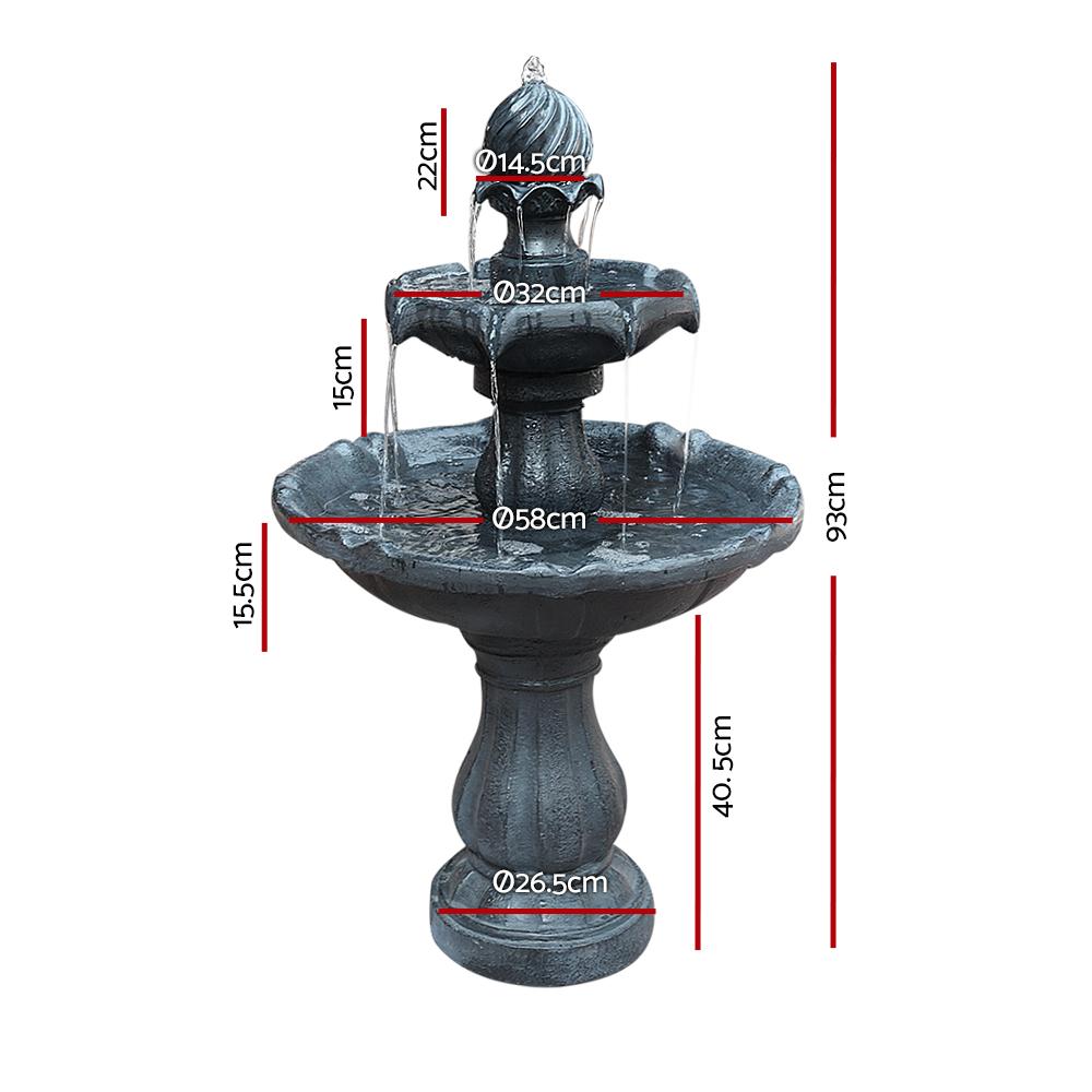 Gardeon 3 Tier Solar Powered Water Fountain in black, showcasing elegant tiers and intricate sculptural details, perfect for garden decoration.