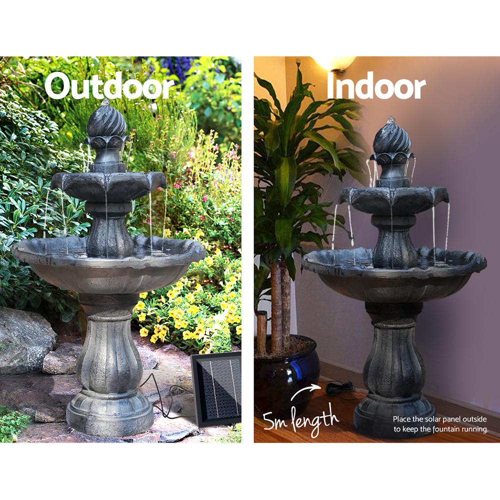 Gardeon 3 Tier Solar Powered Water Fountain in black, showcasing elegant tiers and intricate sculptural details, perfect for garden decoration.