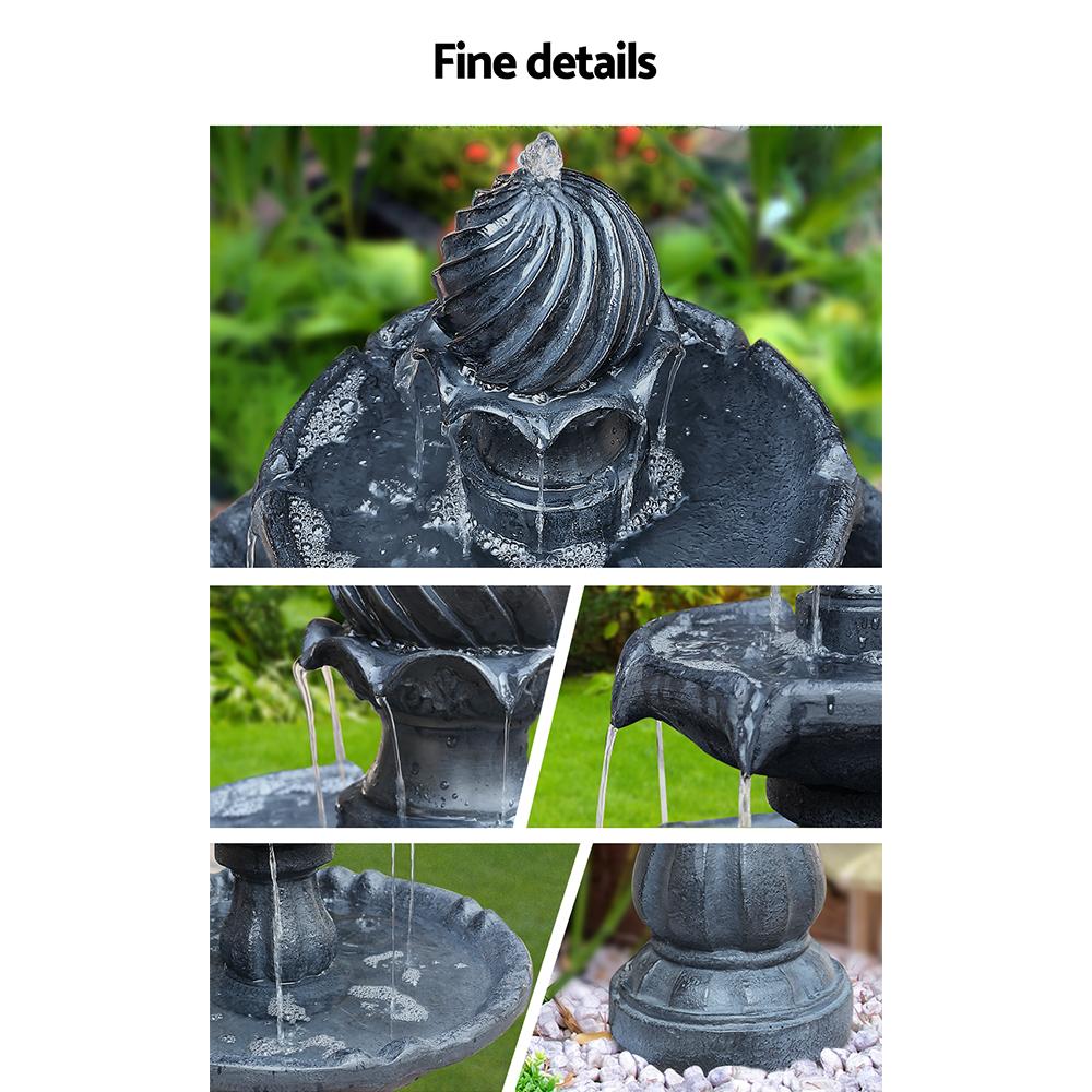 Gardeon 3 Tier Solar Powered Water Fountain in black, showcasing elegant tiers and intricate sculptural details, perfect for garden decoration.