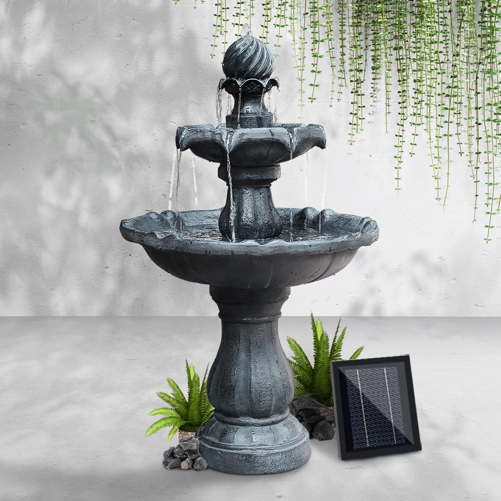 Gardeon 3 Tier Solar Powered Water Fountain in black, showcasing elegant tiers and intricate sculptural details, perfect for garden decoration.