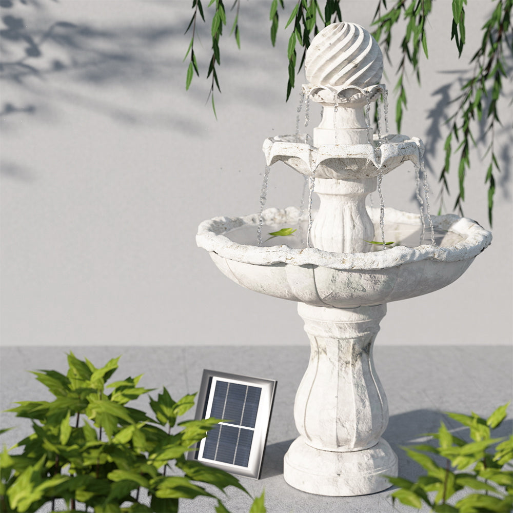 Gardeon 3 Tier Solar Powered Water Fountain in Ivory, showcasing elegant tiers and solar panel.