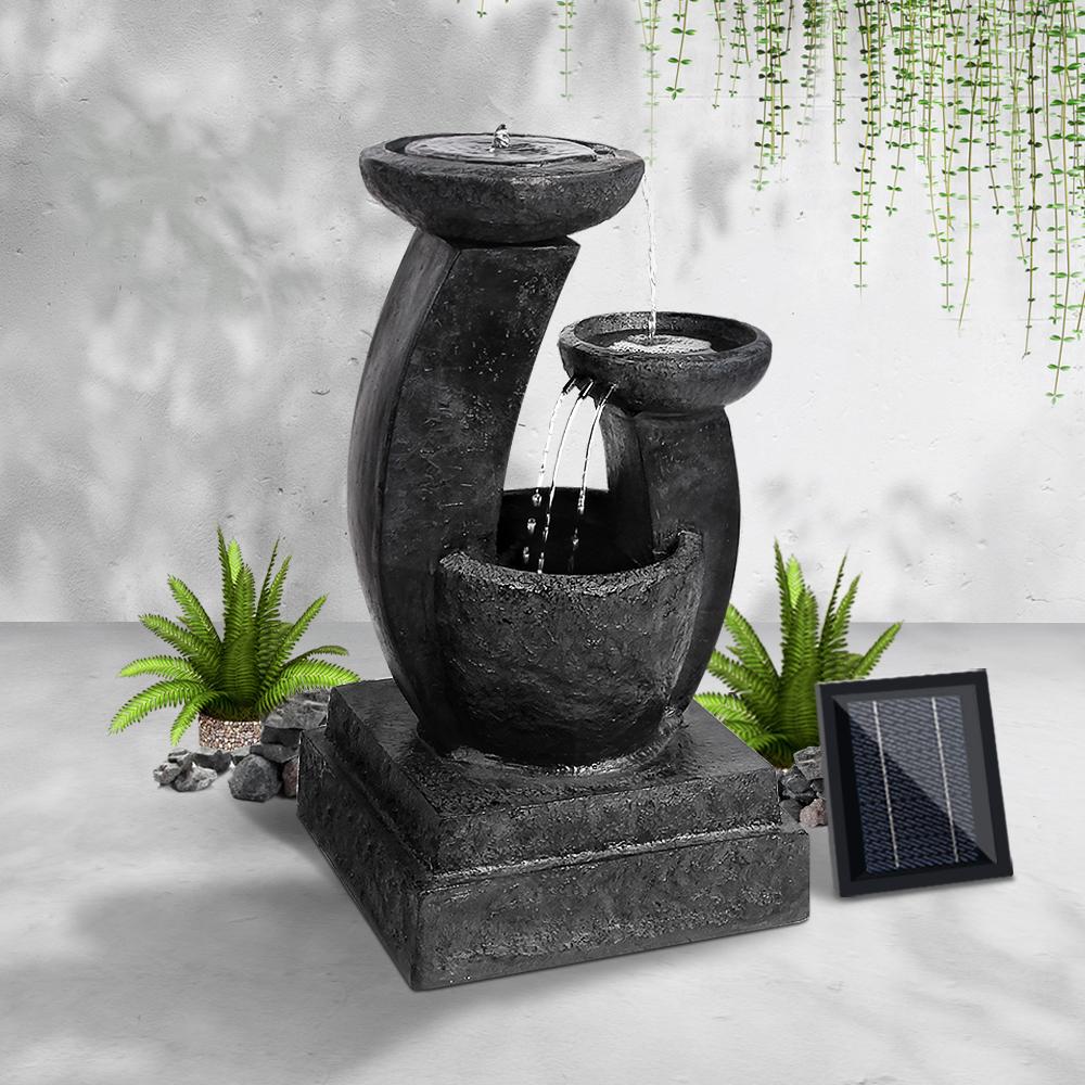 Gardeon 3 Tier Solar Powered Water Fountain in blue, showcasing cascading water and LED lights, perfect for gardens and patios.