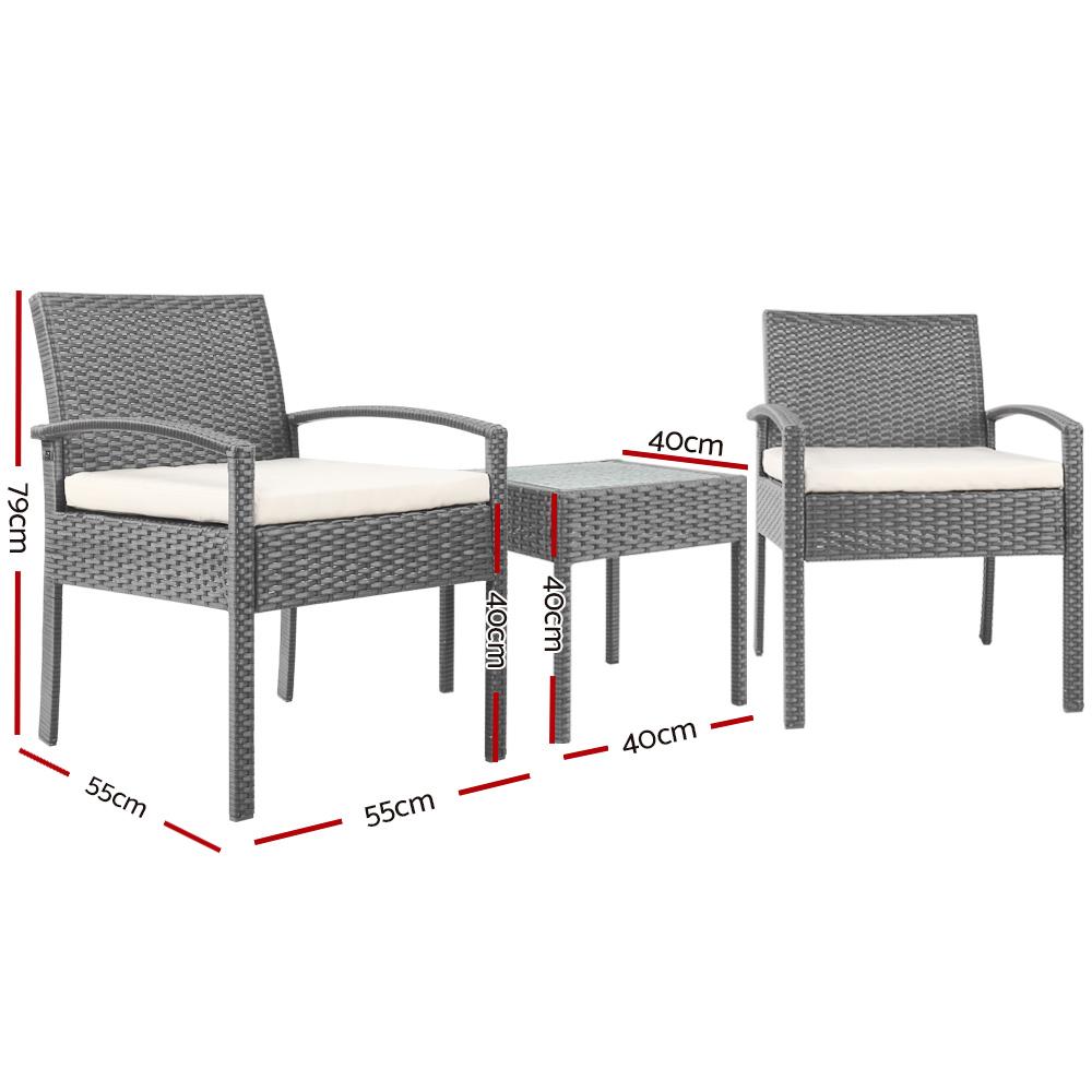 Gardeon 3-piece outdoor set in grey featuring two chairs and a side table with a glass top, showcasing elegant design and comfortable cushions.