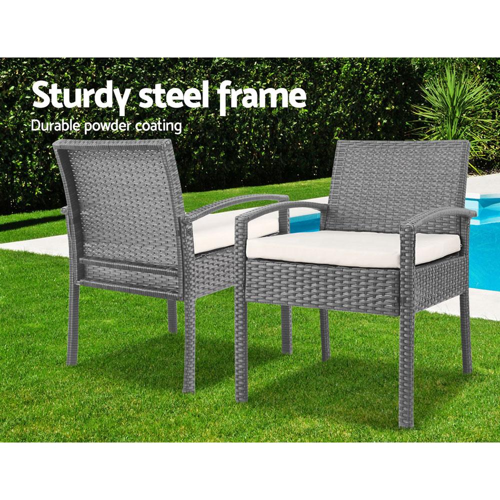 Gardeon 3-piece outdoor set in grey featuring two chairs and a side table with a glass top, showcasing elegant design and comfortable cushions.