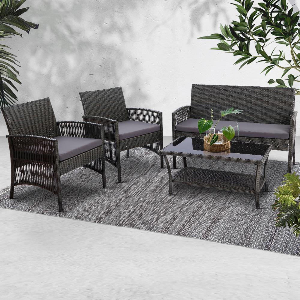 Gardeon 4 PCS Outdoor Furniture Lounge Setting in Grey featuring elegant wicker design and plush cushions, perfect for outdoor relaxation.