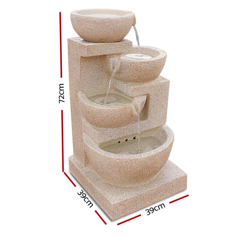 Gardeon 4 Tier Solar Powered Water Fountain in sand beige, featuring cascading tiers and LED lights, perfect for outdoor and indoor decor.