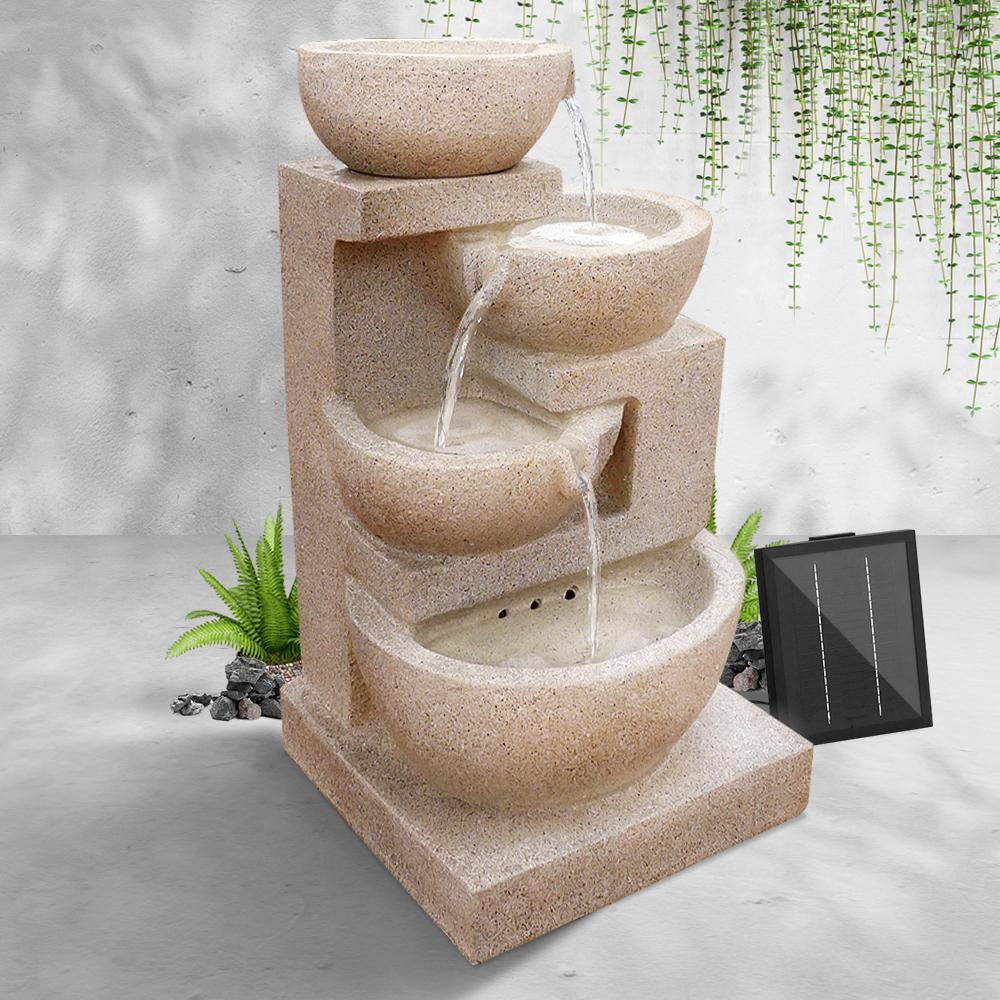 Gardeon 4 Tier Solar Powered Water Fountain in sand beige, featuring cascading tiers and LED lights, perfect for outdoor and indoor decor.