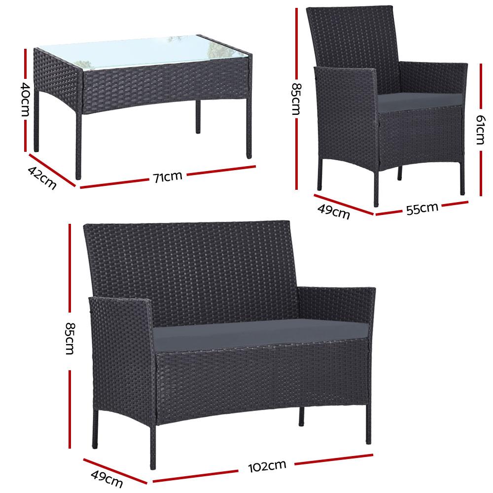 Gardeon 4-piece outdoor lounge setting featuring a chic loveseat, two armchairs, and a matching side table with a glass top, set in a stylish outdoor environment.