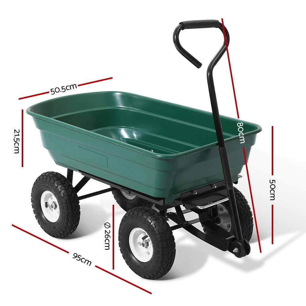 Gardeon 75L Garden Dump Cart in green, showcasing its sturdy design and large capacity for transporting various gardening materials.