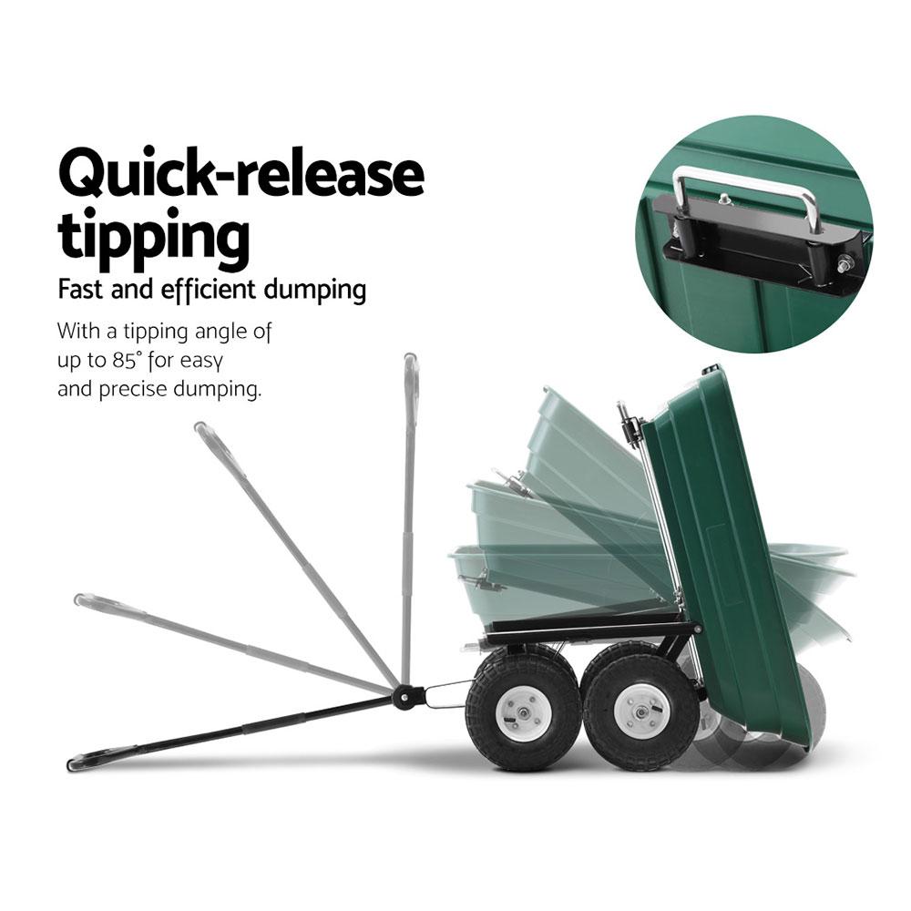 Gardeon 75L Garden Dump Cart in green, showcasing its sturdy design and large capacity for transporting various gardening materials.