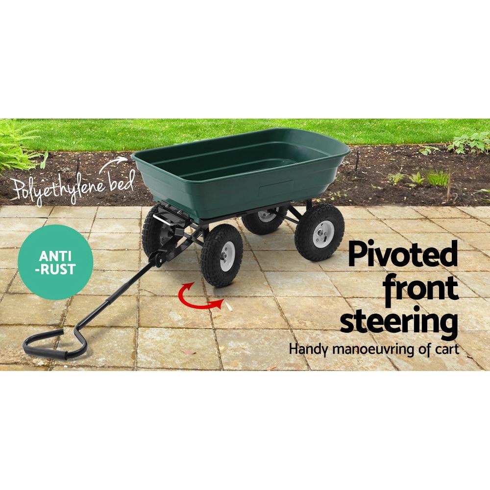 Gardeon 75L Garden Dump Cart in green, showcasing its sturdy design and large capacity for transporting various gardening materials.