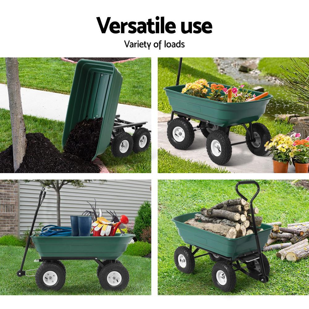 Gardeon 75L Garden Dump Cart in green, showcasing its sturdy design and large capacity for transporting various gardening materials.