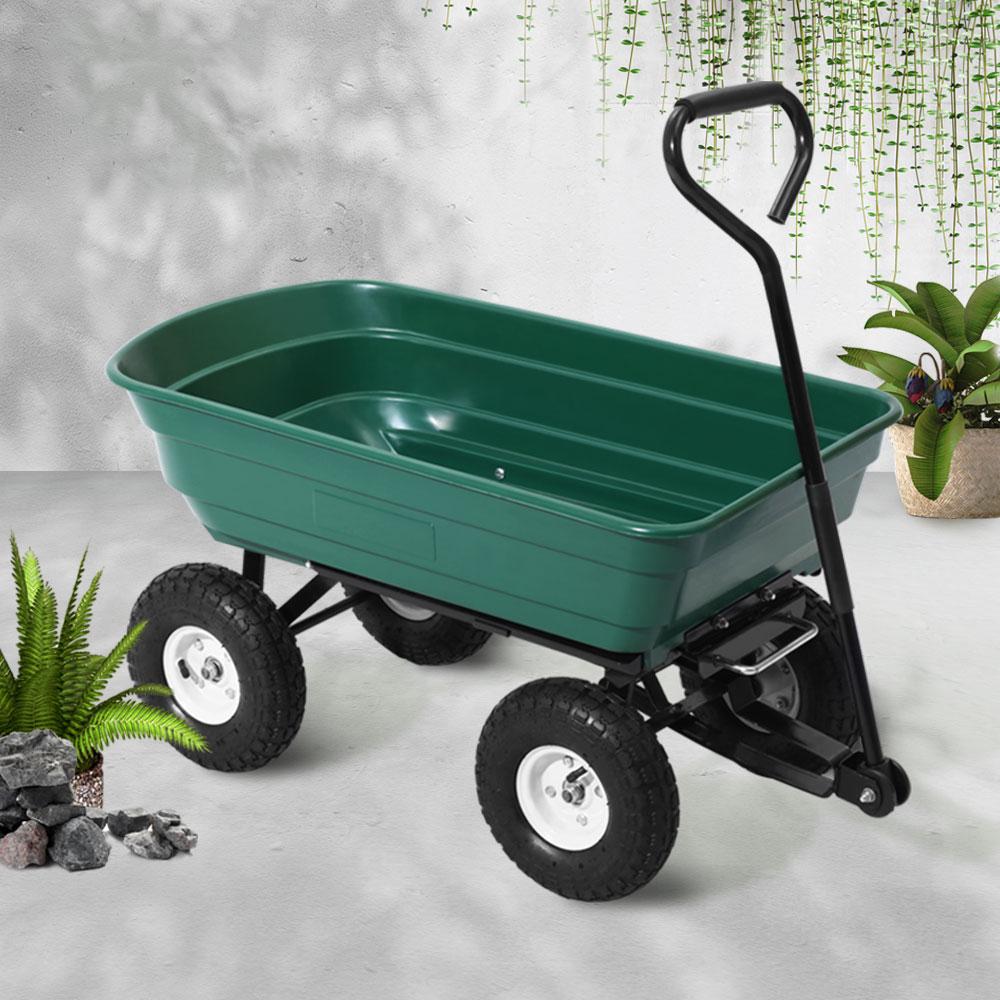 Gardeon 75L Garden Dump Cart in green, showcasing its sturdy design and large capacity for transporting various gardening materials.