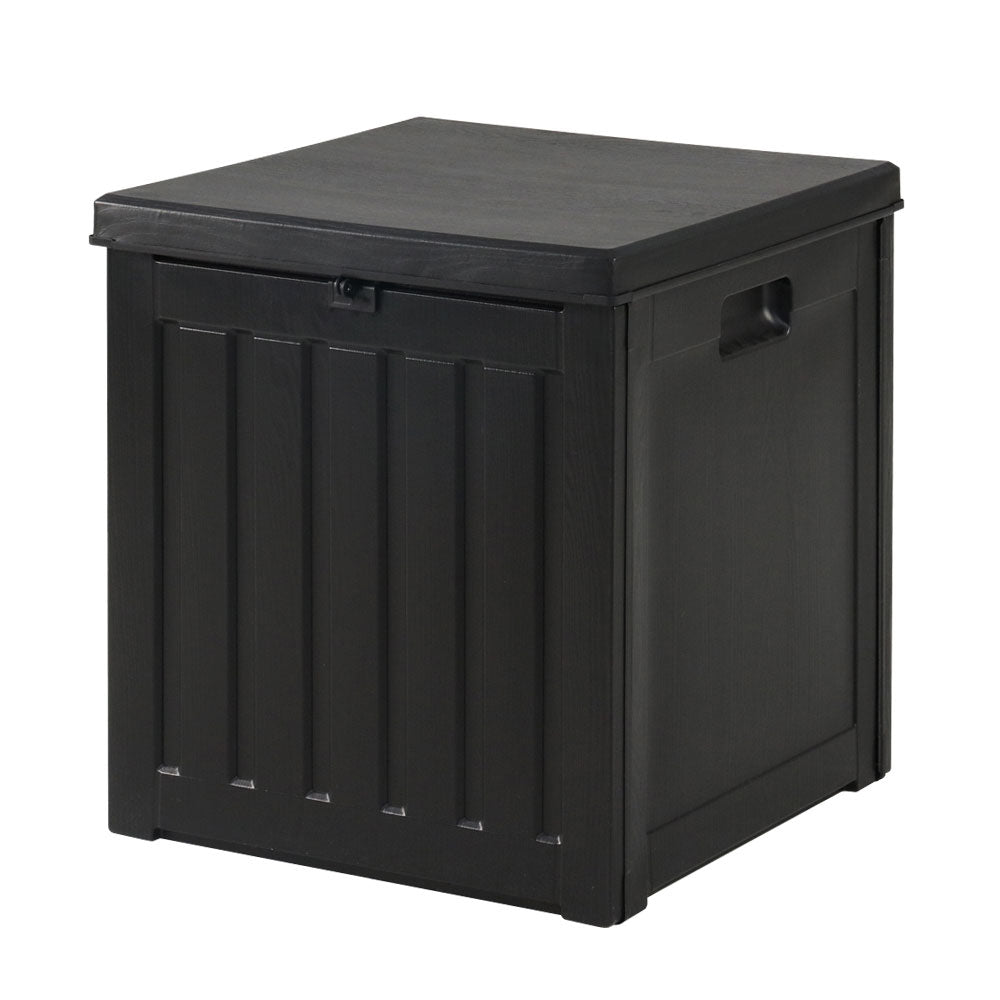 Gardeon 80L Outdoor Storage Box in black, showcasing its rattan-like design and sturdy construction, perfect for indoor and outdoor use.