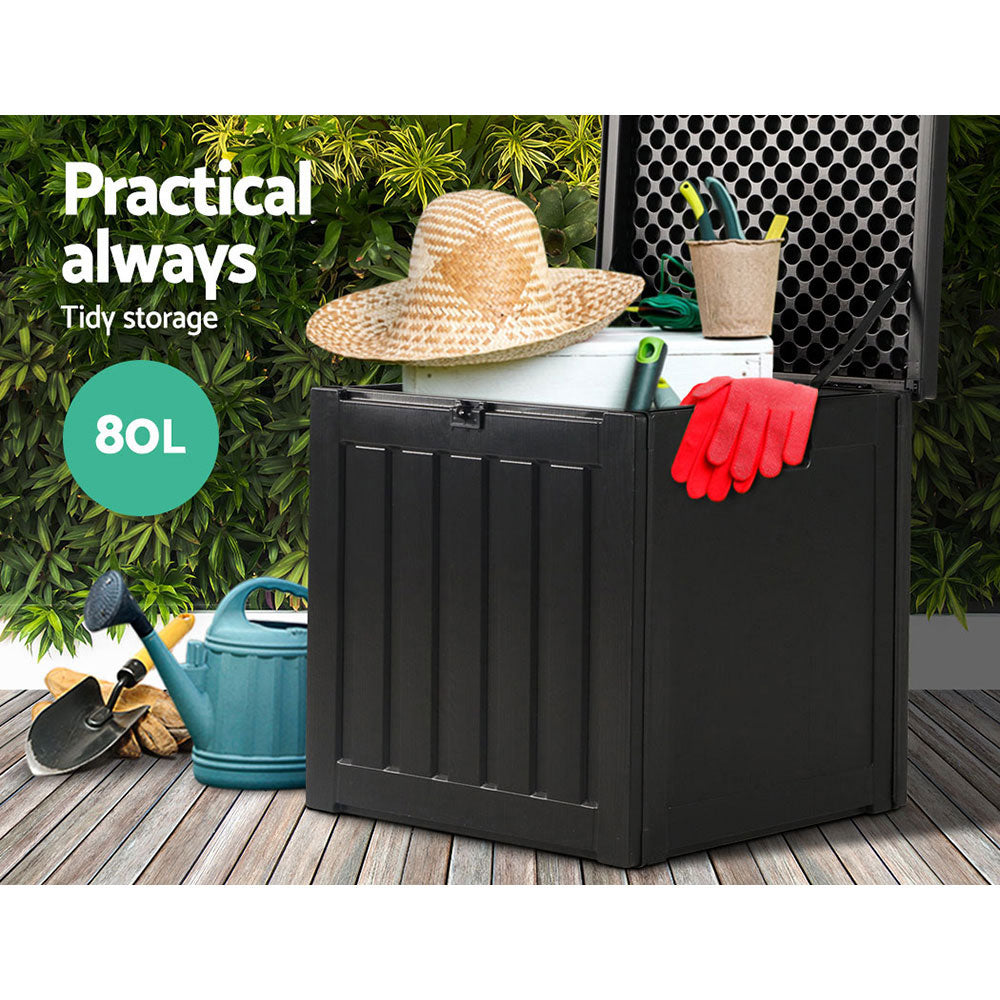 Gardeon 80L Outdoor Storage Box in black, showcasing its rattan-like design and sturdy construction, perfect for indoor and outdoor use.