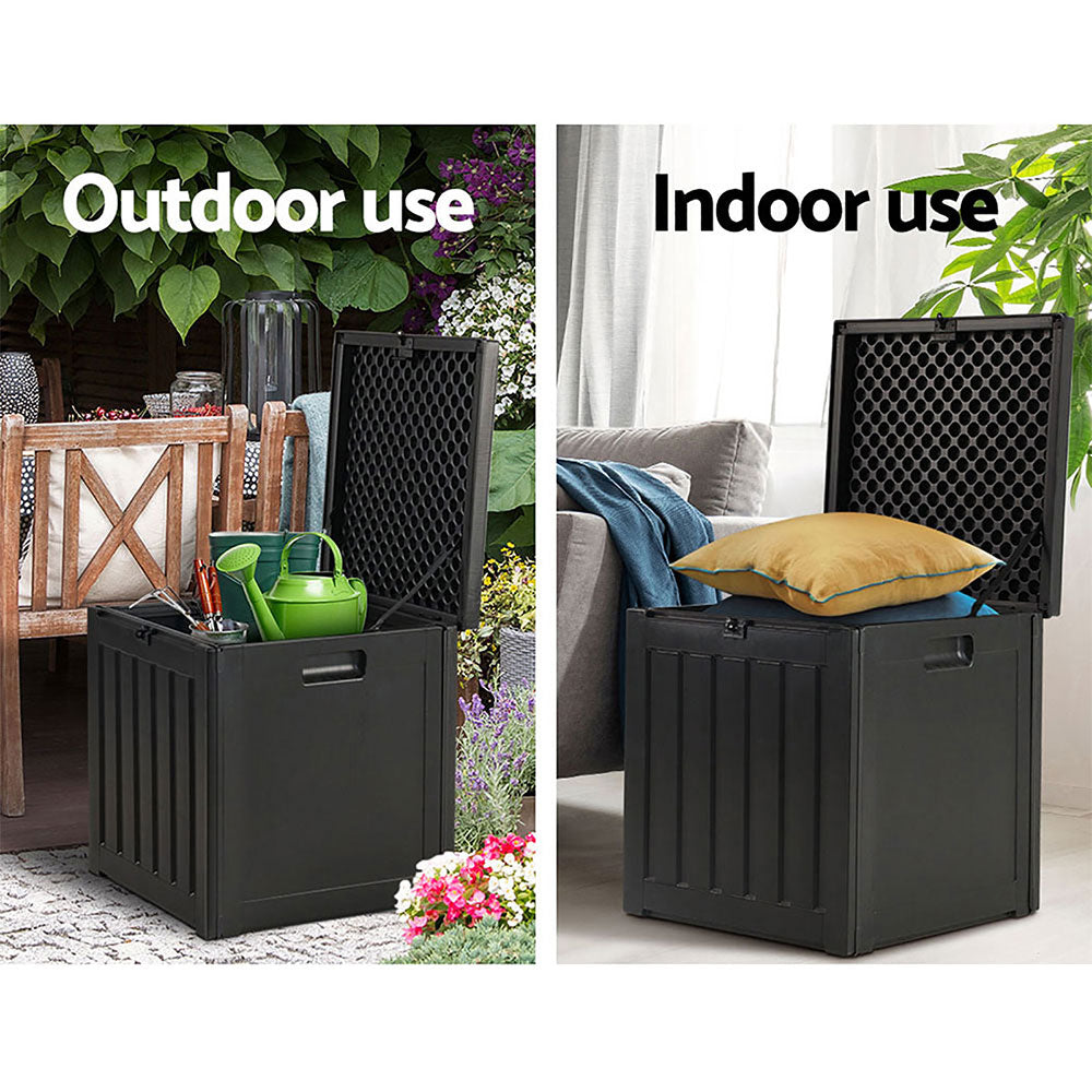 Gardeon 80L Outdoor Storage Box in black, showcasing its rattan-like design and sturdy construction, perfect for indoor and outdoor use.