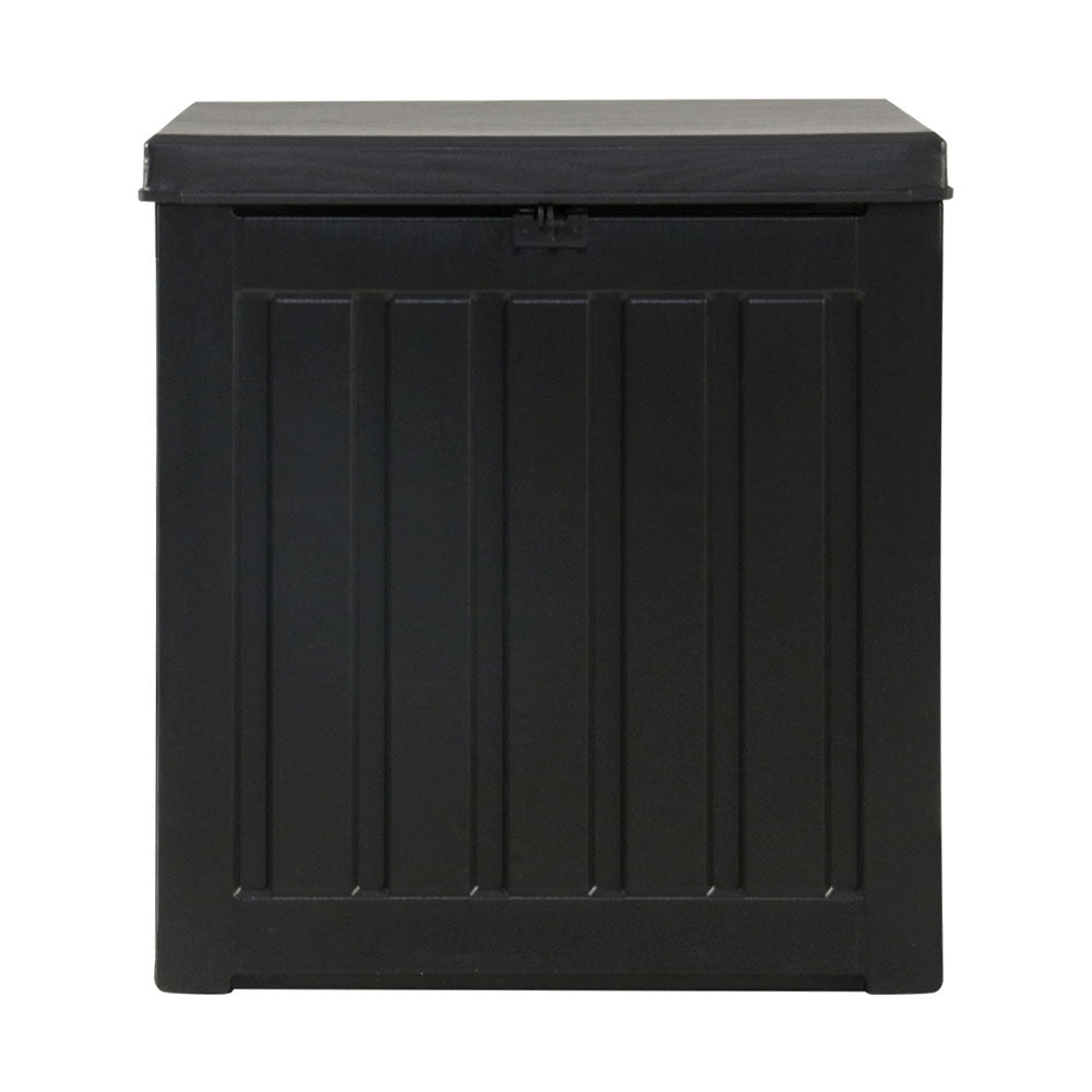 Gardeon 80L Outdoor Storage Box in black, showcasing its rattan-like design and sturdy construction, perfect for indoor and outdoor use.