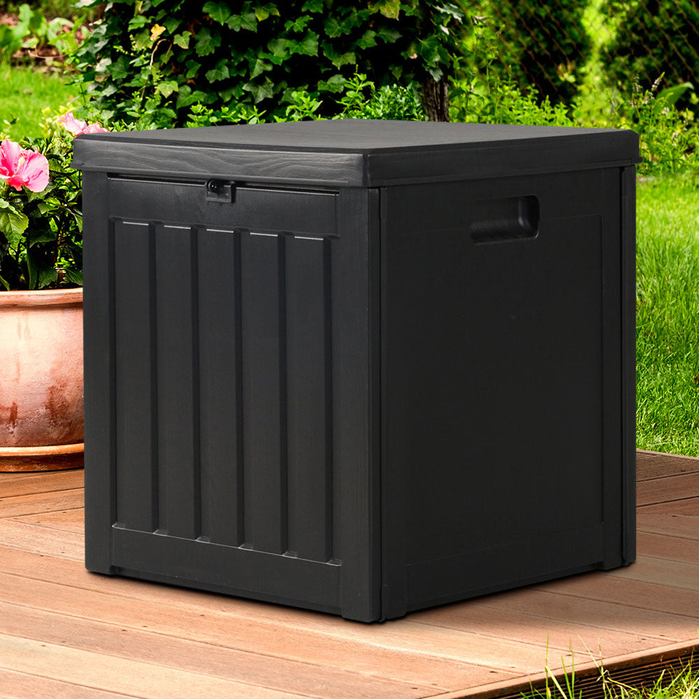 Gardeon 80L Outdoor Storage Box in black, showcasing its rattan-like design and sturdy construction, perfect for indoor and outdoor use.