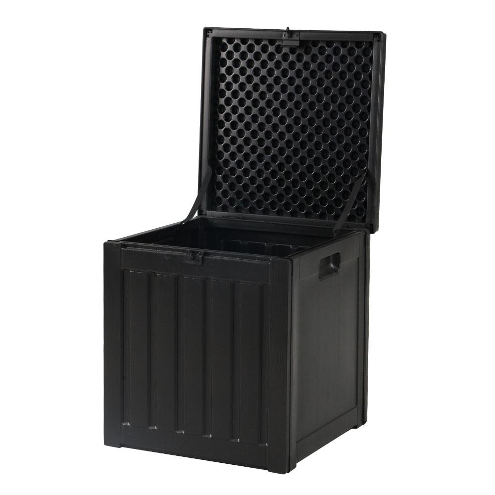 Gardeon 80L Outdoor Storage Box in black, made of eco-friendly PP plastic and steel, showcasing its rattan-like design and integrated handles.