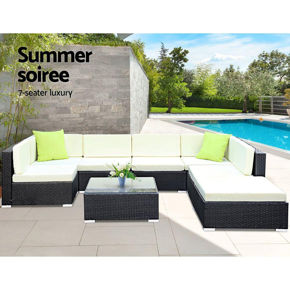 Gardeon 8PC Outdoor Furniture Sofa Set featuring black aluminum frame, beige cushions, and lime green throw pillows, perfect for patio or garden.