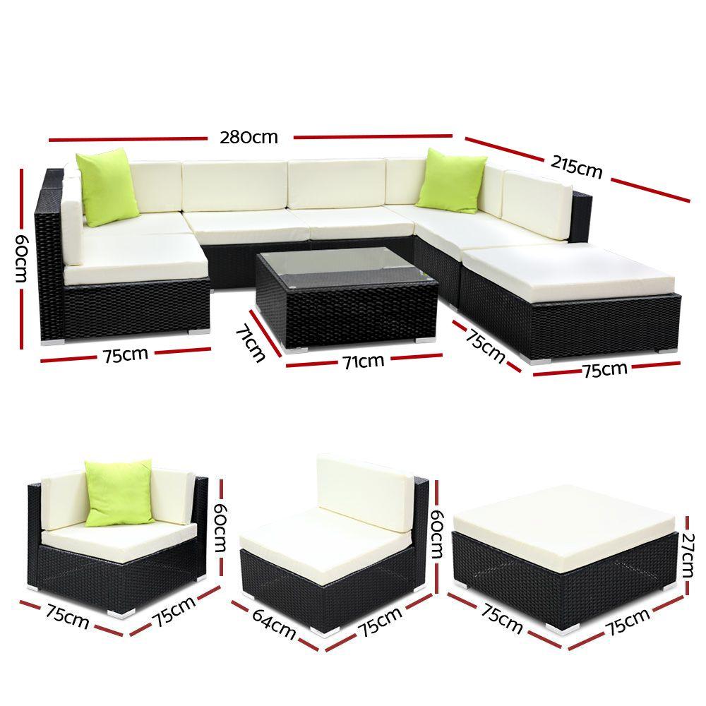 Gardeon 8PC Outdoor Furniture Sofa Set featuring black aluminum frame, beige cushions, and lime green throw pillows, perfect for patio or garden.