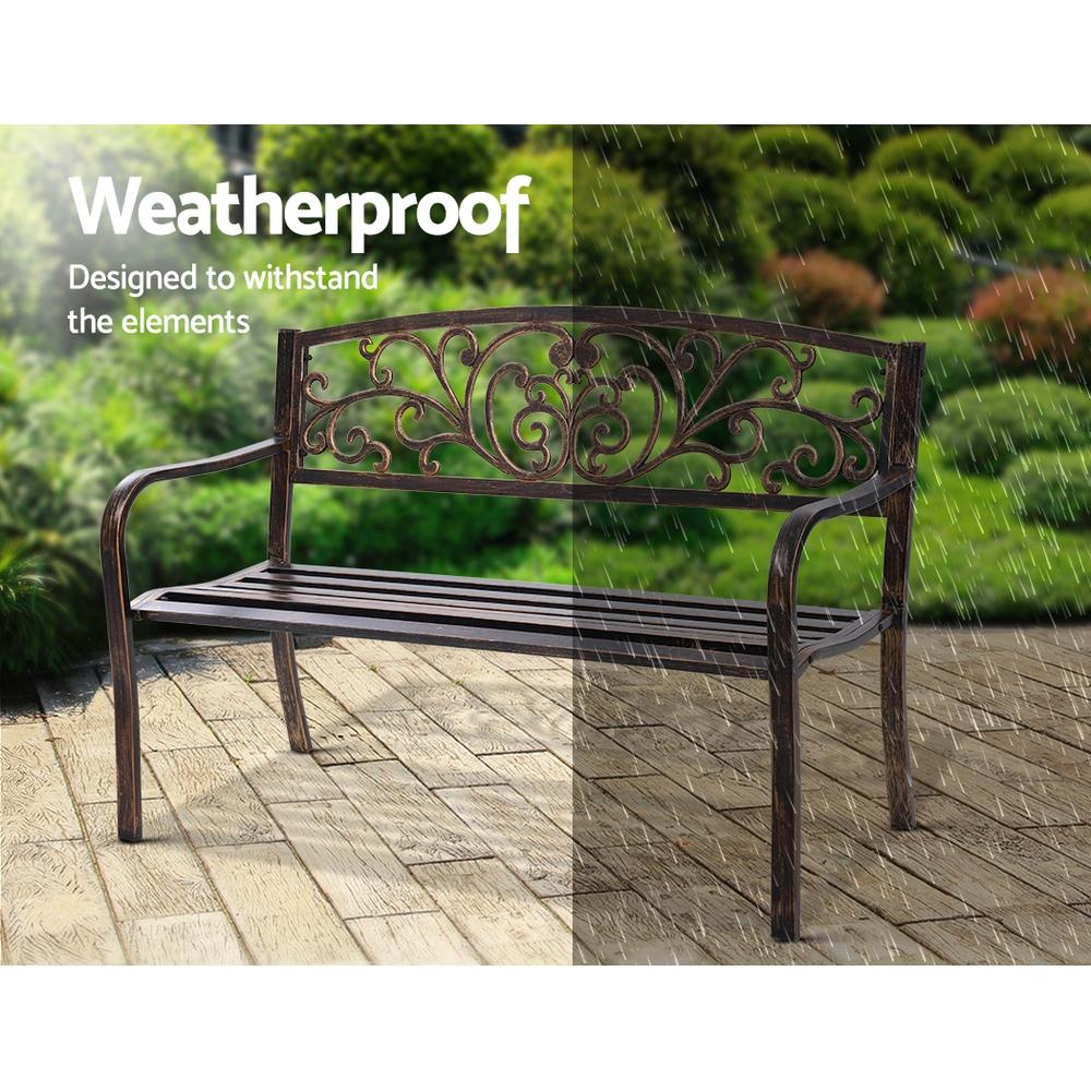 Gardeon Cast Iron Garden Bench in Bronze with floral patterned backrest and sturdy steel seat, perfect for outdoor settings.