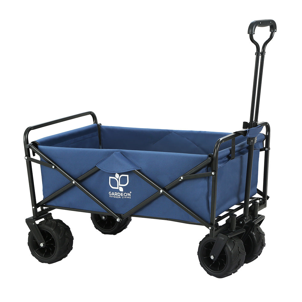 Gardeon Foldable Wagon Cart in blue, showcasing its sturdy steel frame and spacious interior, ideal for outdoor and gardening use.