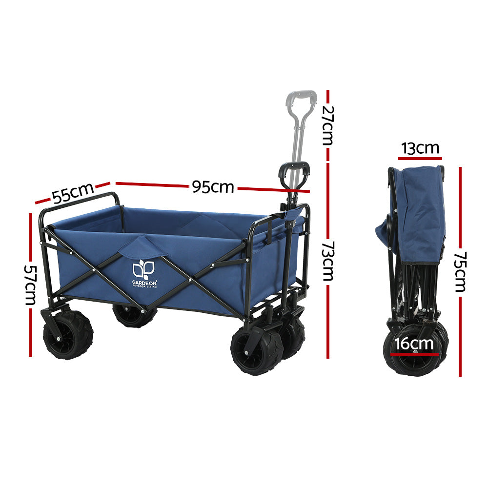 Gardeon Foldable Wagon Cart in blue, showcasing its sturdy steel frame and spacious interior, ideal for outdoor and gardening use.