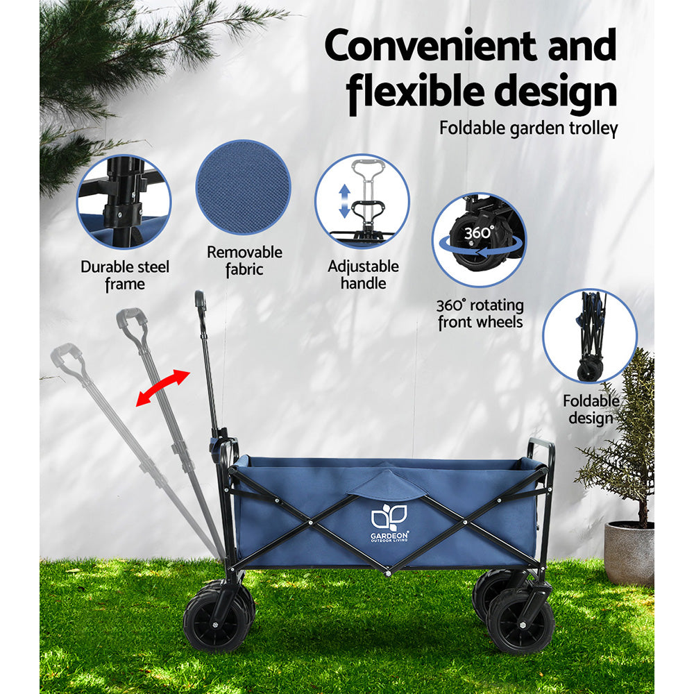 Gardeon Foldable Wagon Cart in blue, showcasing its sturdy steel frame and spacious interior, ideal for outdoor and gardening use.