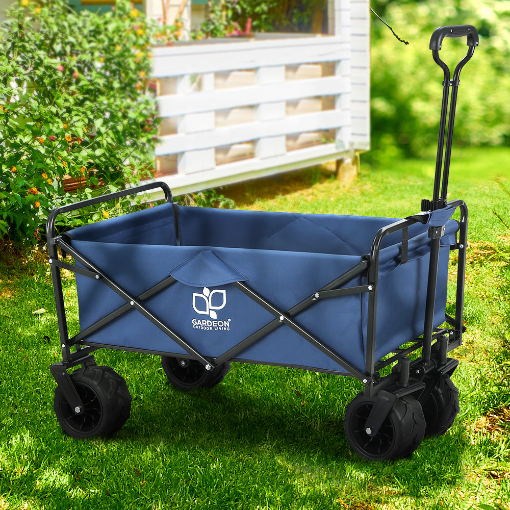 Gardeon Foldable Wagon Cart in blue, showcasing its sturdy steel frame and spacious interior, ideal for outdoor and gardening use.