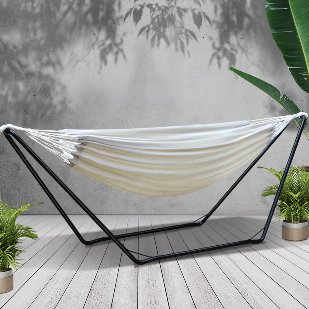 Gardeon Hammock Bed with Steel Frame Stand, showcasing its durable design and soft fabric, perfect for indoor and outdoor relaxation.