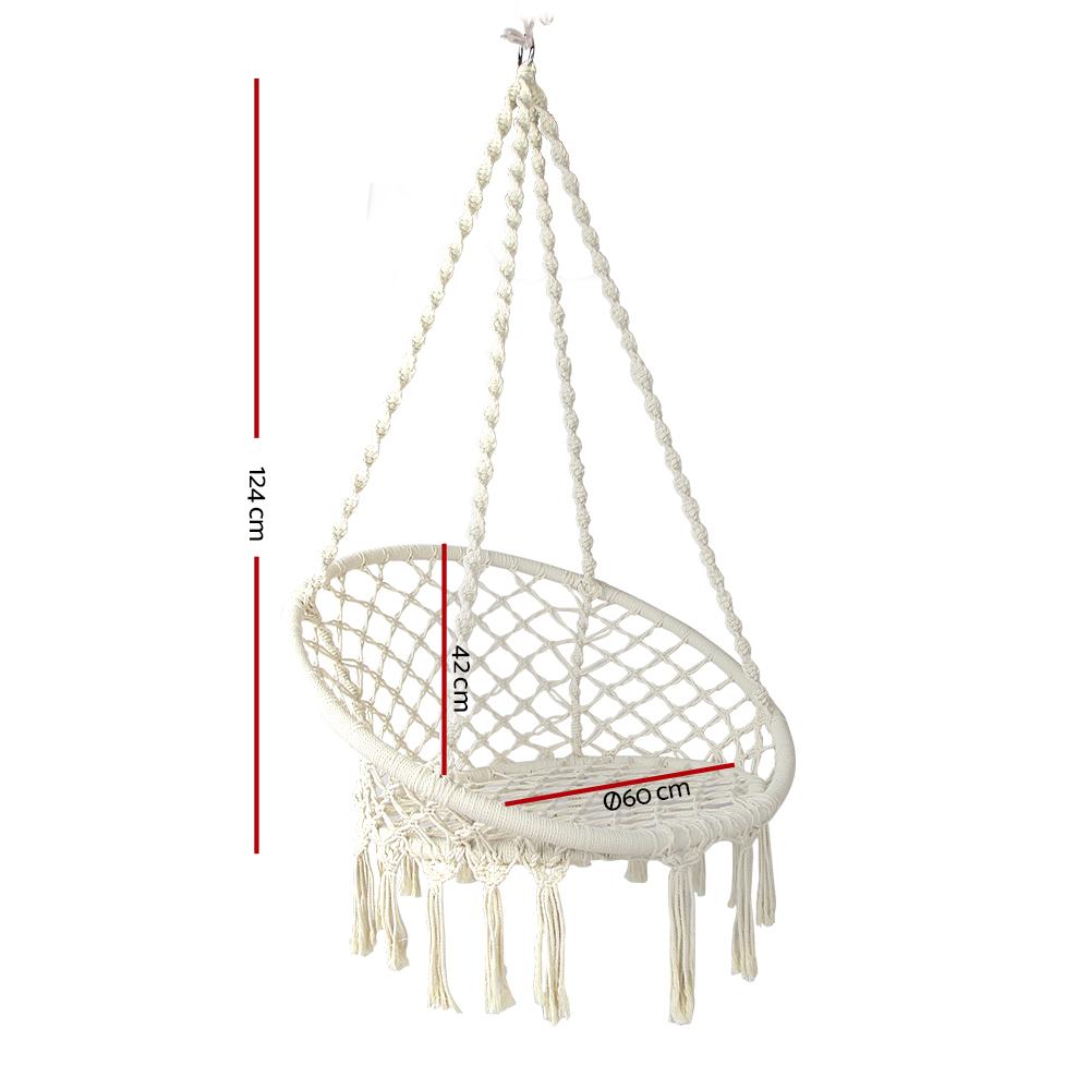 Gardeon Hammock Chair Swing Bed in cream color with hand-made tassels, showcasing its durable fabric and solid timber rail.