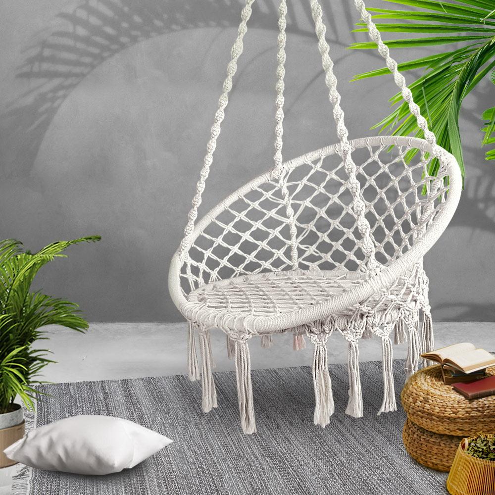 Gardeon Hammock Chair Swing Bed in cream color with hand-made tassels, showcasing its durable fabric and solid timber rail.