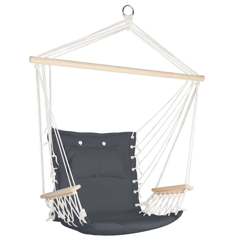 Gardeon Hammock Hanging Swing Chair in Grey with armrests and removable pillow, perfect for indoor and outdoor relaxation.