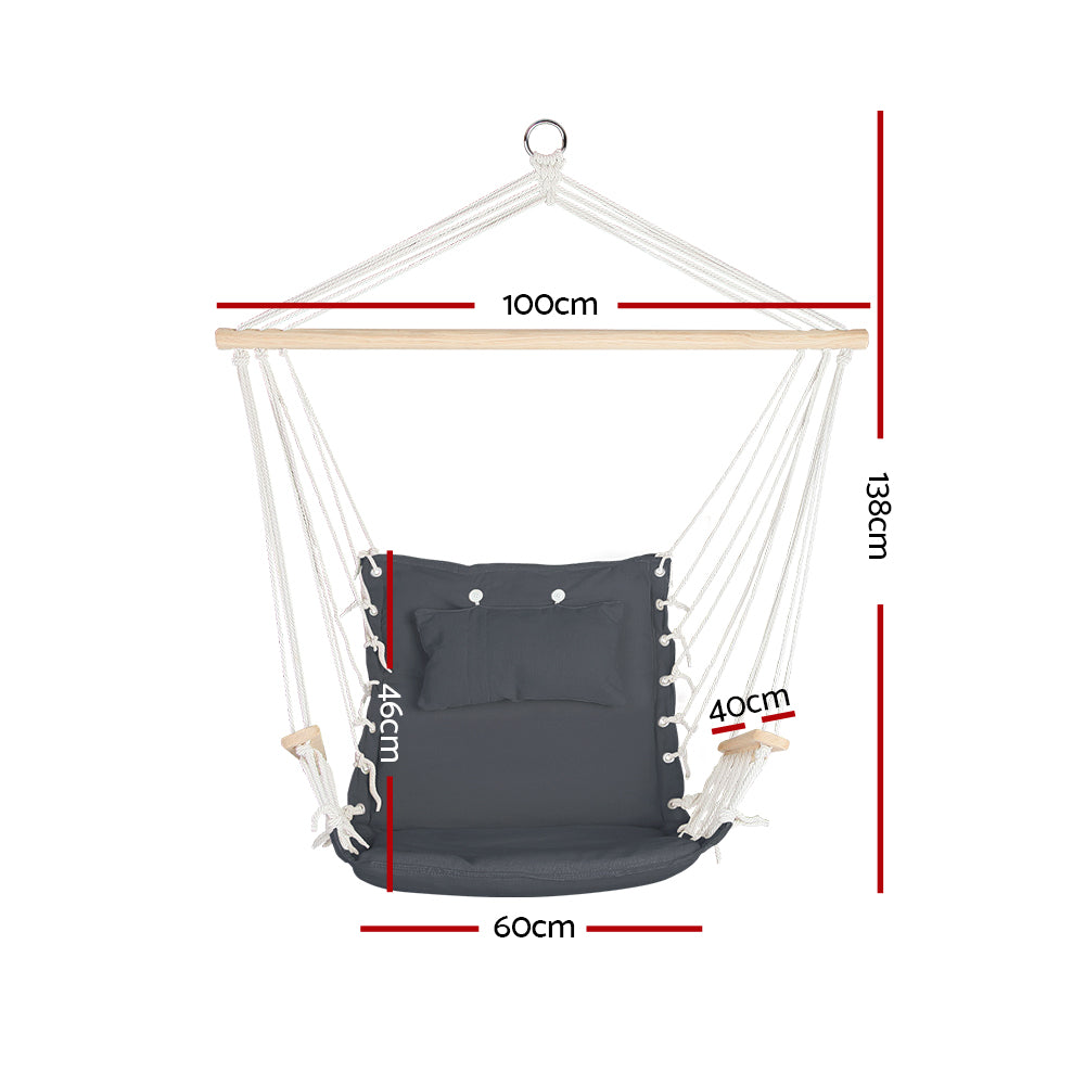 Gardeon Hammock Hanging Swing Chair in Grey with armrests and removable pillow, perfect for indoor and outdoor relaxation.