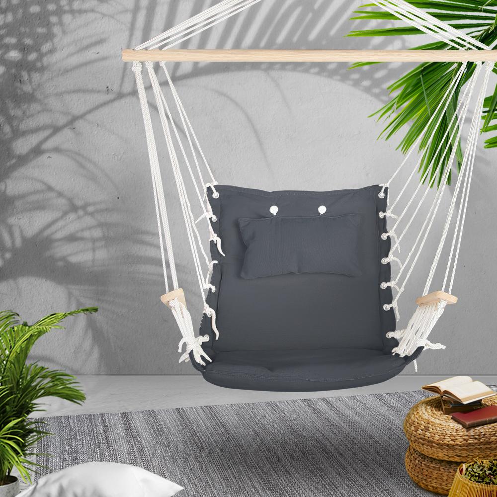 Gardeon Hammock Hanging Swing Chair in Grey with armrests and removable pillow, perfect for indoor and outdoor relaxation.