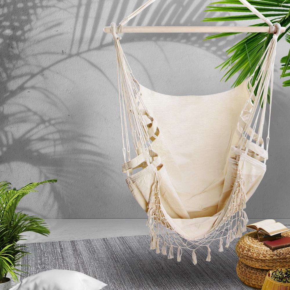 Gardeon Hammock Swing Chair in creamy white, featuring a soft polyester cotton blend fabric and a natural timber rail, perfect for indoor and outdoor relaxation.