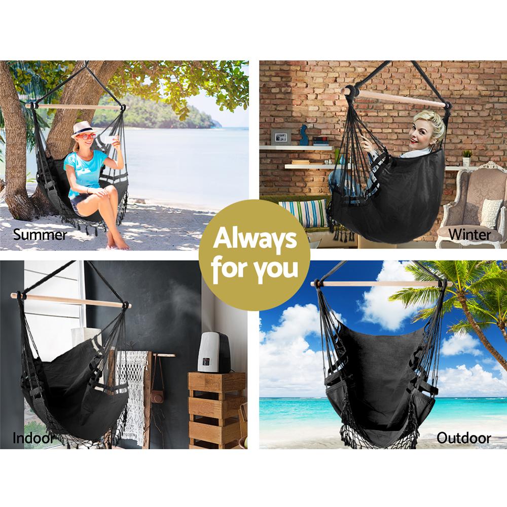 Gardeon Hammock Swing Chair in Grey, featuring a solid timber rail and soft polyester cotton fabric, perfect for indoor and outdoor relaxation.