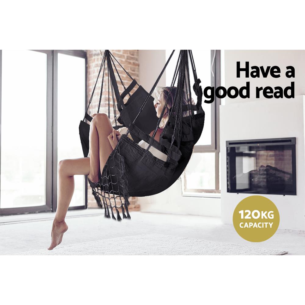 Gardeon Hammock Swing Chair in Grey, featuring a solid timber rail and soft polyester cotton fabric, perfect for indoor and outdoor relaxation.