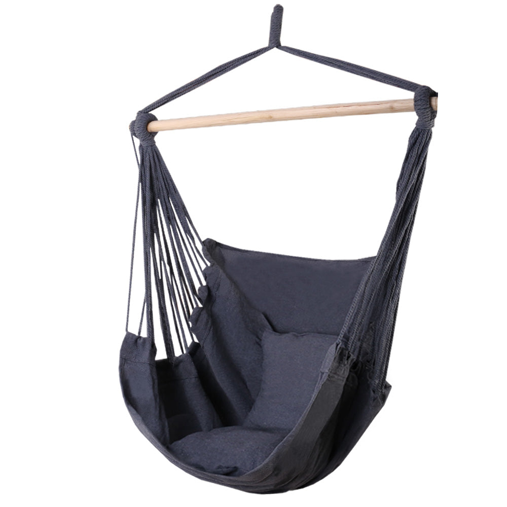 Gardeon Hammock Swing Chair in grey with matching cushions, showcasing its solid timber rail and comfortable design.