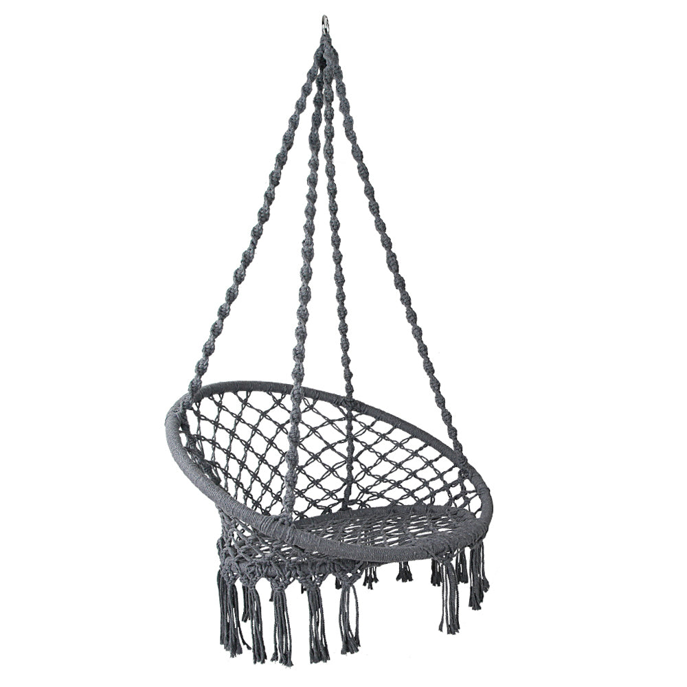 Gardeon Hammock Swing Chair in Grey with hand-made tassels, showcasing its durable fabric and solid timber rail.