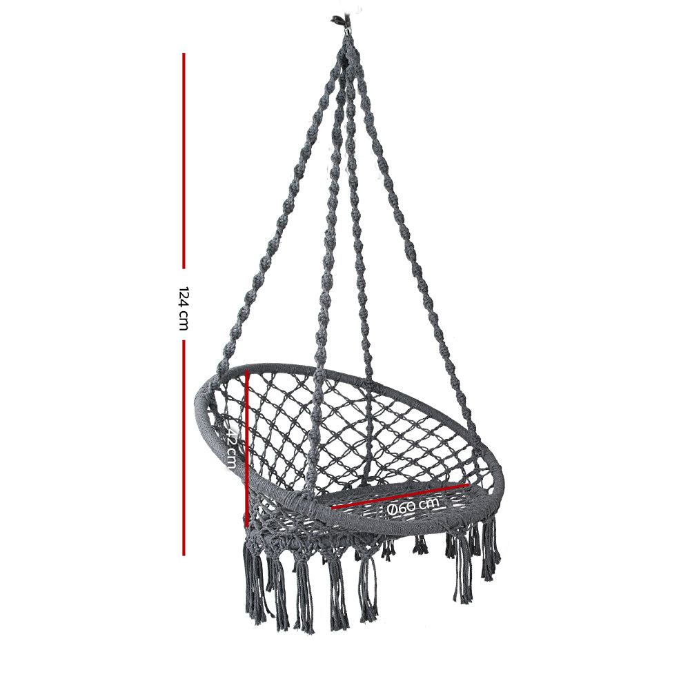 Gardeon Hammock Swing Chair in Grey with hand-made tassels, showcasing its durable fabric and solid timber rail.